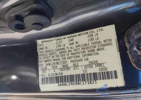 2008 Nissan Altima 3.5 Se из США, поврежденный, VIN 1N4BL24E98C173825